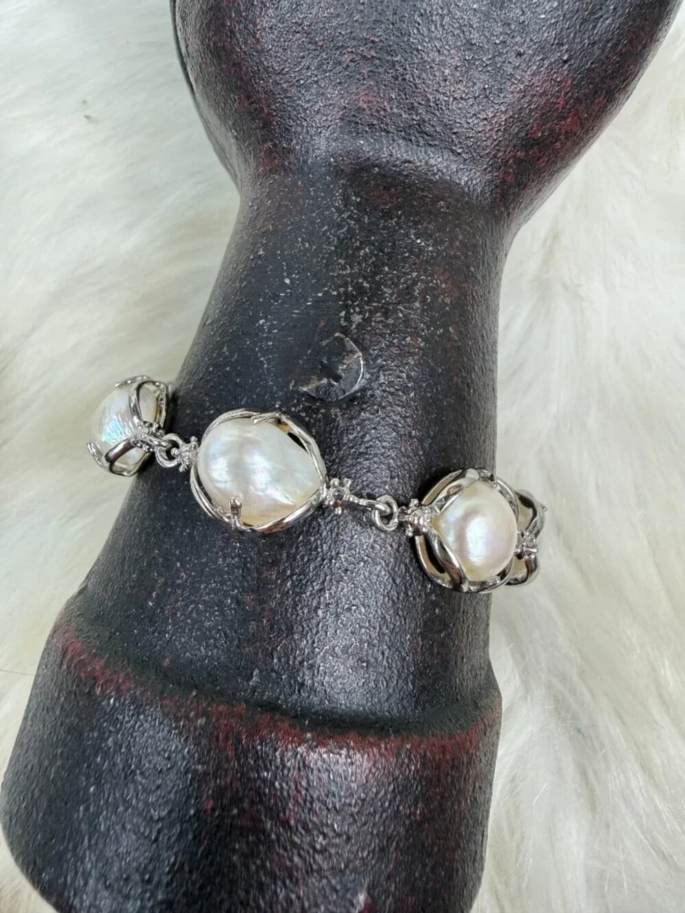 Silver Tone White Button Pearl Rhinestone Chain Link Bracelet 9